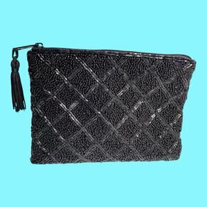 Lancome Beaded Clutch Evening Bag Zipper 4 1/2” X 6” Black